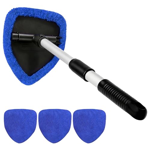 Windshield Cleaner Tool, Windshield Cleaning Tool, Car Window Detailing Cleaning Kit with Extendable Handle and Reusable Microfiber Pads, Auto Glass Wiper Brush for Car Office Home (Blue) - color: Blue