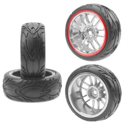 ShareGoo RC OD 2.59" Plastics 12mm Hex Wheels Rims & Rubber Tires Set 14-Spoke Compatible with Traxxas Tamiya Sakura HSP Kyosho WLtoys 1/10 RC On-Road Racing Touring Car (Red) - color: Red