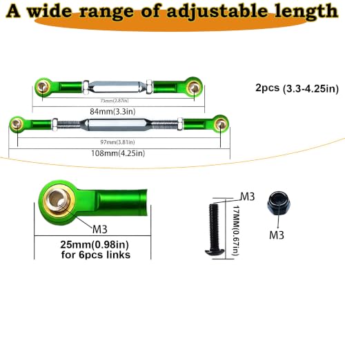 84-108mm Stainless Steel Turnbuckles with Rod Ends for Slash 4X4 2WD,Green | 2PCS Tie Rods with Spacers & Wrench Fit for 1/10 Traxxas Rustler 4X4 2WD,Stampede,Hoss 4X4,RC Car Hops Up Parts - color: Dark Green