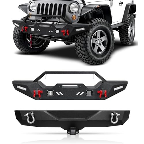 Front Bumper + Rear Bumper for 2007-2018 Wrangler JK, AAIWA Offroad Steel Bumper Full Width with 2" Hitch Receiver, LED Light Bars and D-rings - size: 2007-2018 JK Bumper with lights