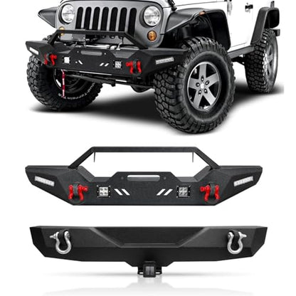 Front Bumper + Rear Bumper for 2007-2018 Wrangler JK, AAIWA Offroad Steel Bumper Full Width with 2" Hitch Receiver, LED Light Bars and D-rings - size: 2007-2018 JK Bumper with lights