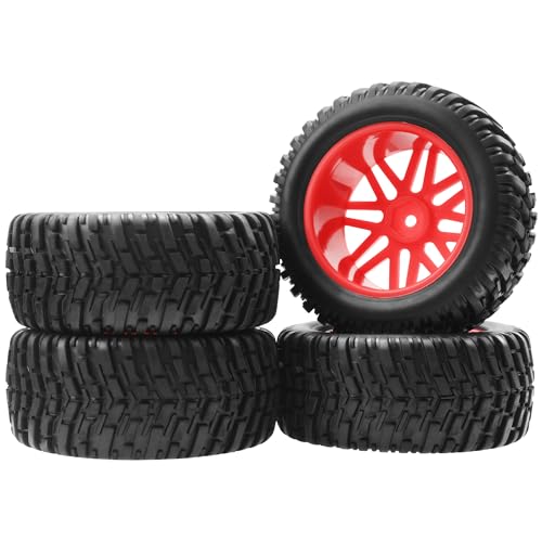 OD 96mm RC Off Road Short Course Truck Tire w/Plastic Rim 12mm Hex Compatible with 1/10 Scale Buggy Car HSP 94170 94155 Wltoys 1/14 144001 124019 RC Car (Red) - color: Red