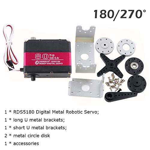 RDS5180 80kg Digital Metal Robotic Servo Motor High Torque Double-Shaft Robot Servo Arm Waterproof IP66 with U Metal Brackets for RC Car DIY Robot (270°) - size: 80KG 270°
