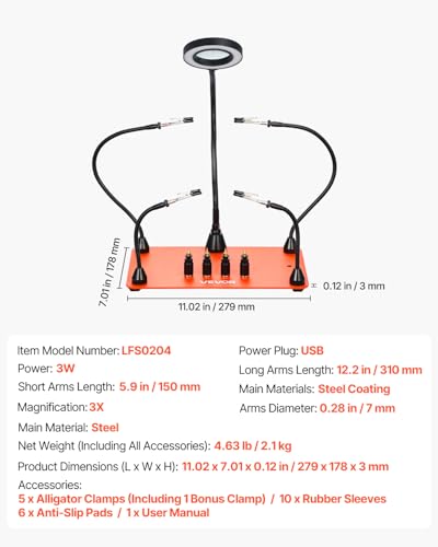 VEVOR Magnetic Helping Hands Soldering Station, 4 Flexible Arms Third Hand Soldering Tool, with 3X LED Magnifying Lamp, 4 PCB Pillar Holder & Heavy-Duty Base, Electronic Repair Craft Hobby DIY - style: 11*7in Large Base Helping Hands Kit