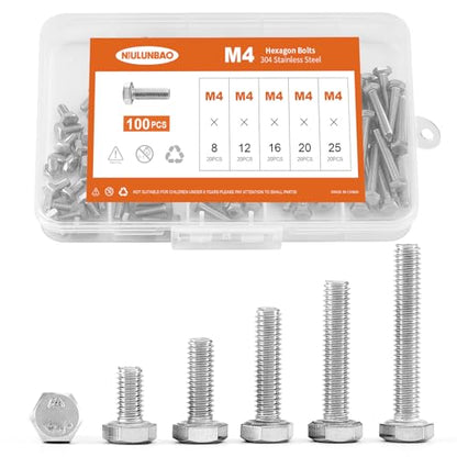M4 x 8mm 12mm 16mm 20mm 25mm Heavy Duty Hexagon Bolts Hex Head Screws, 304 Stainless Steel, Metric Machine Fully Threaded, Bright Finish, Assortment Kit 100PCS - size: M4 x 8/12/16/20/25mm (100PCS)