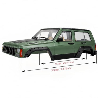 1/10 RC Crawler Hard Body Shell Kit, 313mm Cherokee Style, Army Green | Fits Axial SCX10, SCX10 II 90046/90047 & TRX4; hard plastic shell with interior, grille, flares, mirrors and hardware - color: Army Green