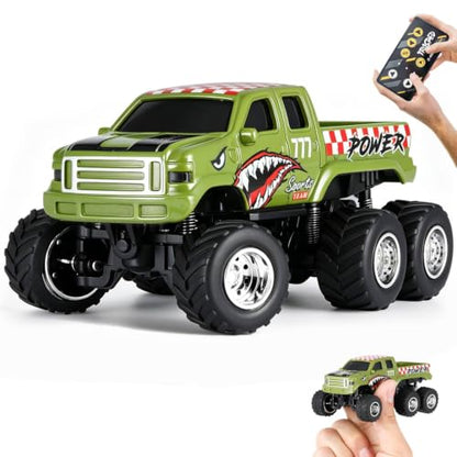 Mini Rc Truck, 1:64 Scale Monster Truck Remote Control Car with Lights, 2.4Ghz Remote Control, Mini Alloy Monster Truck Rc, Speed/Steering Adjustable (Green) - color: Green