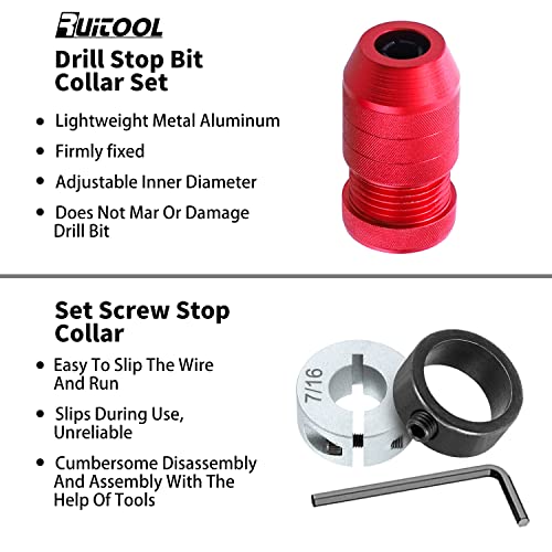 RUITOOL Drill Bit Stop Collar Set, Adjustable Drill Bit Depth Stop, 2 Pcs | Aluminum alloy, protective inner liners, adjustable for 5/64"-3/16" and 15/64"-7/16" bits, depth control for repeat drilling