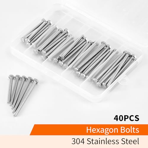 M4 x 40mm 45mm 50mm 55mm 60mm Heavy Duty Hexagon Bolts Hex Head Screws, 304 Stainless Steel, Metric Machine Fully Threaded, Bright Finish, Assortment Kit 40PCS - size: M4 x 40/45/50/55/60mm (40PCS)