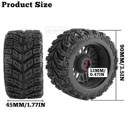 RC Wheels and Tires for 1/16 Scale,RCarmubWow Plastic Rim Rubber Tires for 1/16 Summit E-Revo Gorgon Grom,Mini Kraton 3S, M-J-X16207-16210, H-B-X16889 16890,S-C-Y16101-16106 RC Truck,Black&Red