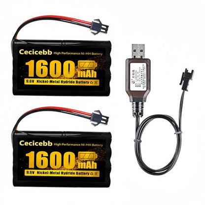 9.6V 1600mAh NI-MH Rechargeable Battery Pack with SM-2P for RC Car Boats Robots Vehicles Trucks 2 Pack with USB Charger Cable