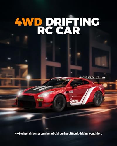 Drift RC Car, 1:20 Scale 2.4GHz 4WD 20KM/H Remote Control Cars | drift tires & racing tires, 2 batteries, LED lights, proportional throttle control, red - color: Red