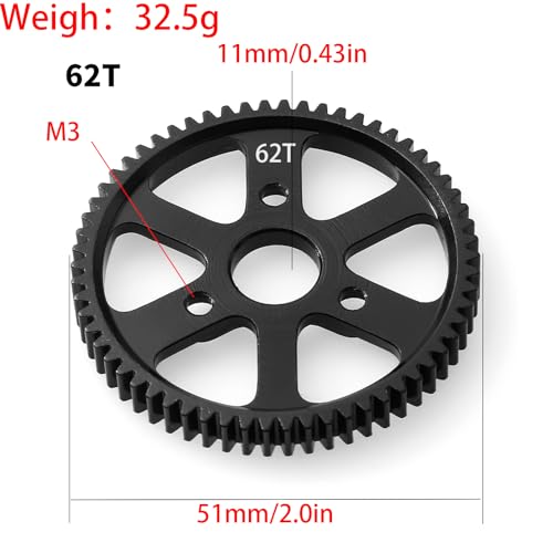 32P Spur Gear, 62T 0.8 Metric Pitch, Compatible with 32P, Hardened Steel 62 Tooth 0.8M Spur Main Gear for 1/10 TRAXXAS Ford Rustler Slash Stampede 4X4 Summit T-Maxx E-REVO Jato Arrma, Replace #3959 - size: M0.8-Spur Gear-62T