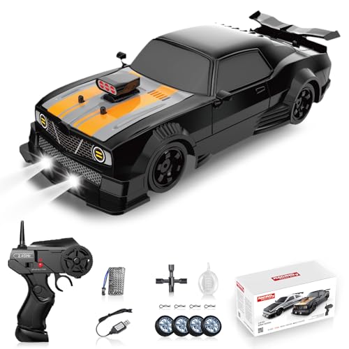 RC Drift Car 1/16 2.4GHz 4WD Remote Control Cars, Rechargeable High Speed Drifting RC Cars with Spray, Cool Lights and Extra Tires Toy Car for Kids - color: Black