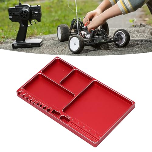 Magnetic Screw Tray, 16x10x1.1cm/6.30x3.94x0.43in Aluminium Alloy RC Repair Parts Organizer Portable Small Parts Holder with 4 Magnetic Pads for RC Aircraft (Red) - color: Red