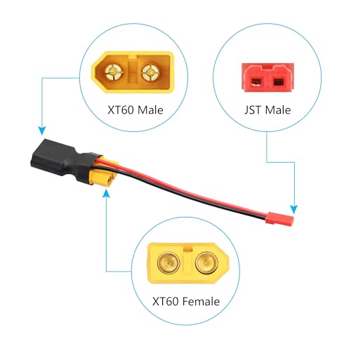 XT60 Connector Adapter with JST Plug 3", 20AWG Cable, Gold-Plated Plug | 3Pcs XT60 Male to Female Connector with JST Male Plug, for RC Lithium Battery Drone Quadcopter etc - style: XT60 Male to Female Connector with JST (Male) - 3Pcs