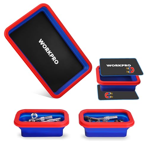 WORKPRO 4PC Collapsible Magnetic Parts Tray Set, Double-Sided Magnet Bowl for Screws, Nuts, Pins, Foldable Bolt Tray for Garage, Maintenance, Silicone Mechanic Tools Gift for Man, 11 Inch & 6.3 Inch