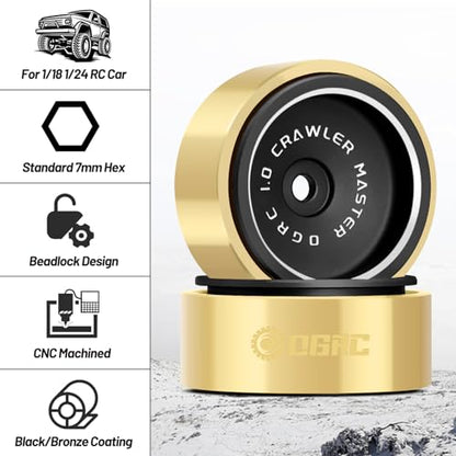 OGRC 32g 1.0 Aluminum Brass Beadlock Wheels for SCX24 AX24 TRX4M RC Car | 128g Total Weight, -3.78mm Offset, Solid Design, for Traxxas Axial Redcat 1/18 1/24 RC Crawler, Black - color: Black