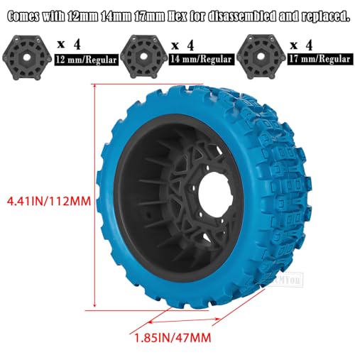 RC F/R Wheels and Tires Set w/Detachable Replace Running on Off-Road Tire RC Wheel Hex for 1/10 Slash 4WD 4×4 2WD/Arrm a Senton/Axia1/Rc 4wd/Redca t,12mm/14mm/17mm Hex,Black-Navy Blue（4PCS - color: Black-navy Blue(rc Wheels Tires)
