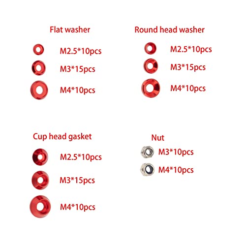 Colorful Washers and Nuts Set for RC Cars - 125 Pieces, Red