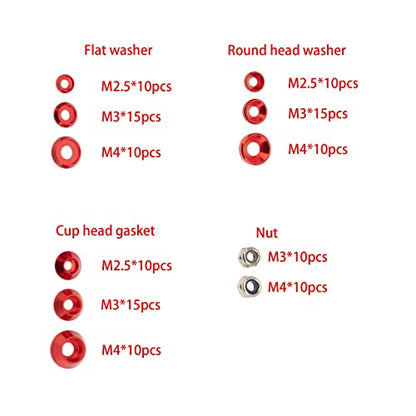 Colorful Washers and Nuts Set for RC Cars - 125 Pieces, Red