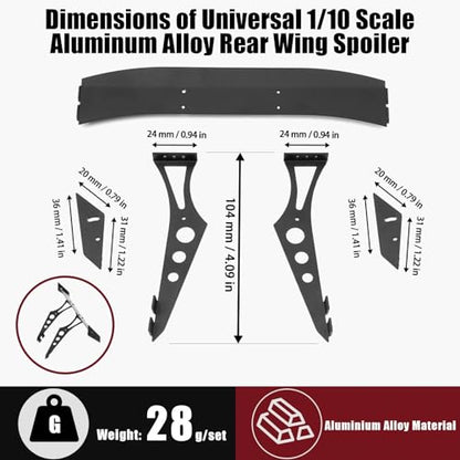 Universal 1/10 Scale Aluminum Rear Wing Spoiler with Black Sandblasted Finish - Easy Install for Tamiya TT-02 TT-01, HSP 94122 94123, FWO6, LC Racing, PTG & PTG2