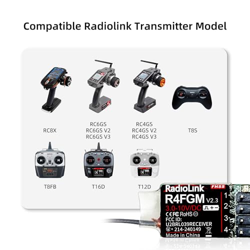 Radiolink 2.4Ghz R4FGM V2.3 RC Receivers 2pcs 4 Channels Integrated Gyro, Mini Size Receiver for 1:28 Scale Car/Boat, Works for Remote RC8X/RC4GS V3/RC6GS V3/T8S/T8FB/T12D/T16D