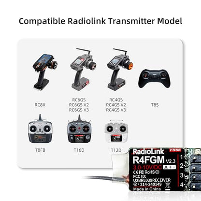 Radiolink 2.4Ghz R4FGM V2.3 RC Receivers 2pcs 4 Channels Integrated Gyro, Mini Size Receiver for 1:28 Scale Car/Boat, Works for Remote RC8X/RC4GS V3/RC6GS V3/T8S/T8FB/T12D/T16D