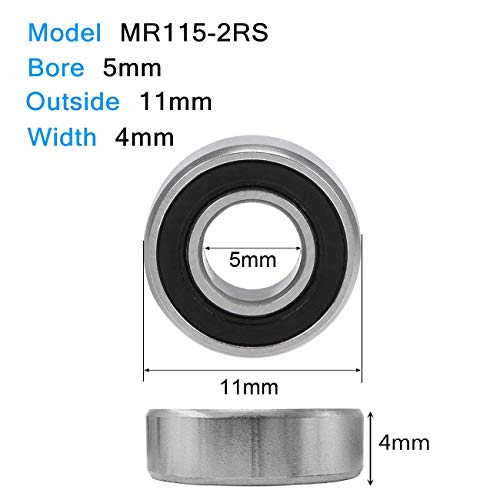 MR115-2RS Miniature Ball Bearings 5x11x4mm (20 Pack), Double Rubber Sealed Chrome Steel, Pre-Lubricated, for RC Cars, Traxxas Slash, Electric Motors & Hobby Projects - size: MR115-2RS