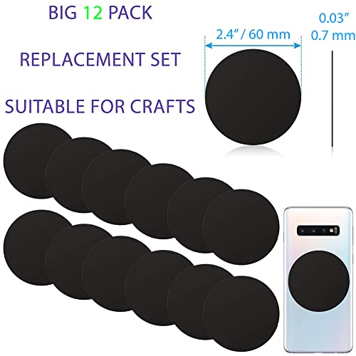 Tablet Metal Plates for Magnetic Car Mount, Wall, Magnets Kit. Replacement Set 2.4" of 12 Large Black Round Iron Discs for DIY, Crafts. 3M Adhesive Backing Steel Cell Phone Case Stickers 12 Pack - color: Round / 12 Pack