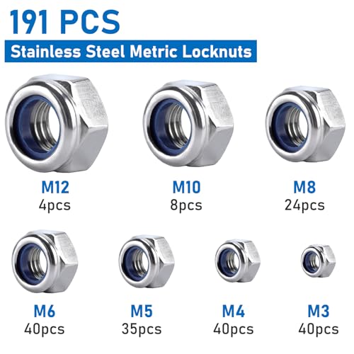 191 Pack 304 A2-70 Metric Nylon Lock Nuts | Stainless Steel Nylock Nuts, M3 M4 M5 M6 M8 M10 M12, Anti-Loose for Industrial & Home Fastening - color: Silver, size: Metric