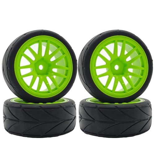 RC 1/10 On Road Touring Tires & Wheels 12mm Hex Hard Plastic Rims OD 65mm Street Racing Tyre for 1:10 1/12 Rally Drift Car Tamiya TT01 TT02 Traxxas XV02 XV01 HPI KYOSHO PTG2 4PCS (Green) - color: Green