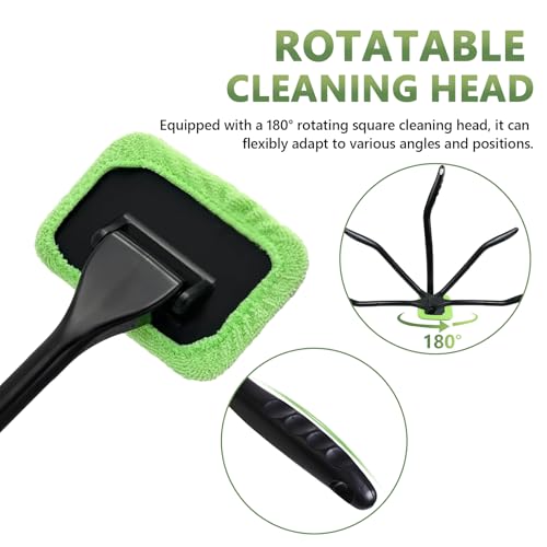 Car Windshield Cleaning Tool, Car Windshield Window Cleaner Set with Detachable Handle & 2 Reusable Microfiber Pads & Spray Bottle, Universal Auto Window Glass Cleaning Kit (Green) - color: Green