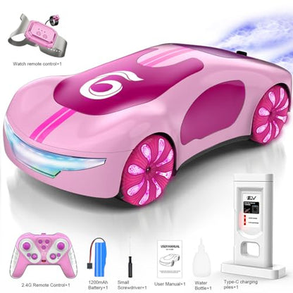 2.4G Gesture Sensing RC Stunt Car, LED Drift Racing Car with Spray Boost, USB Charging Station & Music Effects – 360° Flip Toy Gift (Handle+Watch RC Version) - color: Pink
