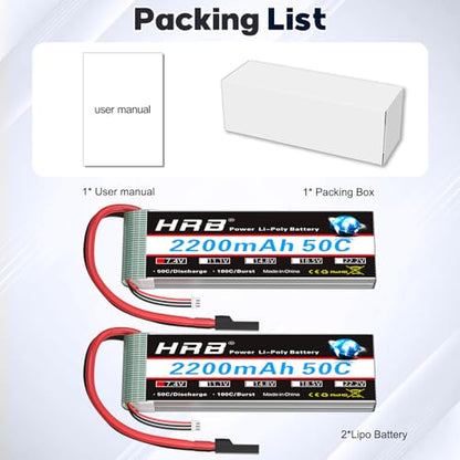 HRB 2PCS 2S Lipo Battery 7.4V 2200mAh RC LiPo Batteries with TR Plug Compatible with RC Car Truck Quadcopter Airplane Helicopter Boat