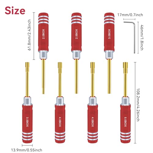 Hex Nut Driver Set - RC Car Tool Kit 2.0mm 2.5mm 3.0mm 3.5mm 4.0mm 4.5mm 5.0mm Hexagonal Head Nut Screwdriver for Axial SCX24 Wheel Fixing RC Models Car Boat Helicopter 7Pcs Red - color: Red