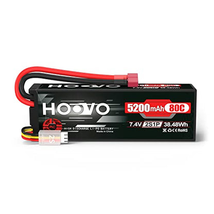 HOOVO 2S 7.4V 80C 5200mAh LiPo Battery Pack Hard Case with T Plug Connector for RC Buggy Vehicles Car Boats Trucks Duratrax