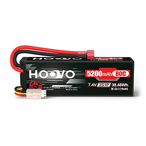 HOOVO 2S 7.4V 80C 5200mAh LiPo Battery Pack Hard Case with T Plug Connector for RC Buggy Vehicles Car Boats Trucks Duratrax