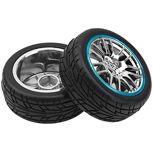 4Pcs 2.59in Rubber Tires & 12mm Hex Plastic Wheel Rims Set 14-Spoke w/Foam Compatible with Traxxas Kyosho HPI Tamiya Associated 1/10 RC On-Road Touring Car (Blue) - color: Blue
