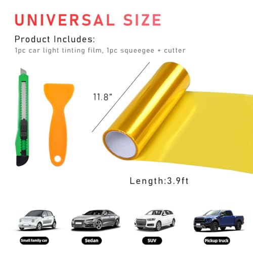 povtii Tint Vinyl Film Sticker Sheet Roll for Car Headlight, 12×48 Inch Auto Taillight Vinyl Wrap Film, Self Adhesive Fog Light Vinyl Film with Squeeze & Cutter, Car Accessories (Golden) - color: Golden