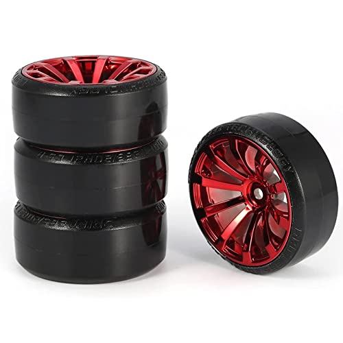 RC Plastic Wheel and Tire Set,WONFAST RC Drift Car 63mm Hard Tyres 12mm Hub Wheel for 1/10 On-Road Drifting Car Parts for HSP Tamiya HPI Kyosho TT02 (Red) - color: Red