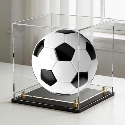 Acrylic Display Case with Raised Shelf & Ball Holder, Clear Display Box with Black Base & Gold Standoffs, Dustproof Showcase for Fullsize Football Soccer Volleyball – Easy Assembly (10×10×10 Inch) - size: 10"L x 10"W x 10"H (with Ball Position)