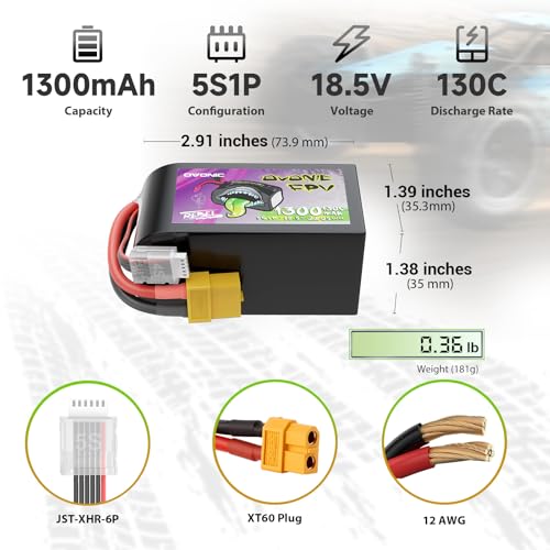 OVONIC 5S 1300mAh Lipo Battery 18.5V 130C Battery with XT60 Plug for RC Car Truck RC Vehicles Boat Drone RC Airplane Quadcopter Helicopter FPV Racing Hobby Models [1 Package Including 2 Batteries]