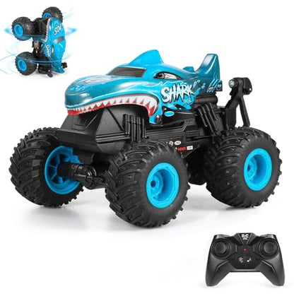 DYODYORC Remote Control Car, 2.4Ghz All Terrain Shark Monster Truck Toys, RC Truck with Music, 3 Lighting Effects, 360 Stunt Capable, 2 Batteries Ready to Run, Toy Gifts for Boys and Girls (Blue) - color: Blue Shark