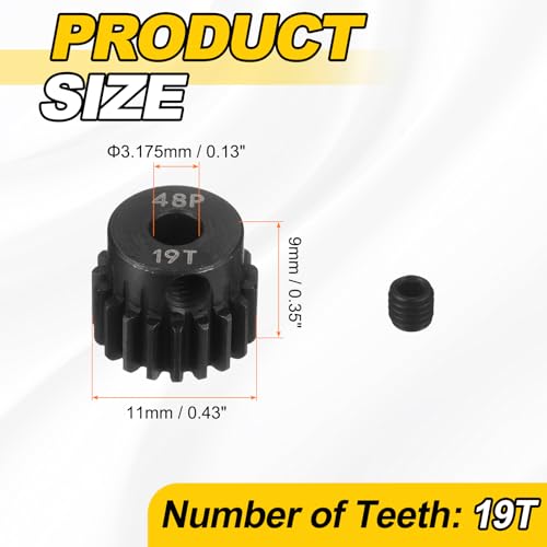 MECCANIXITY 48P Hardened Steel Pinion Gear, 19T 3.175mm Shaft Metal Motor Gear with Hex Key for RC Brushless Brush Motor Model Car Replace(Black) - size: 19T