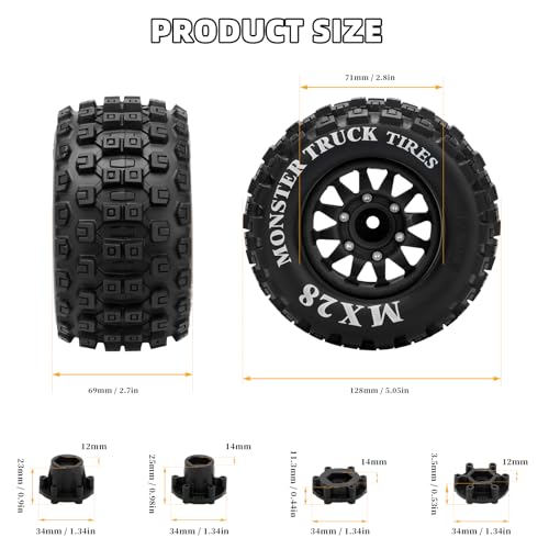 2.8" RC Tires with 12mm/14mm Hex Adapter 1/10 Scale RC Truck Tires RC Wheels and Tires Set for Traxxas Arrma Rustler Stampede 4PCS (Black) - Not Glued - color: Black