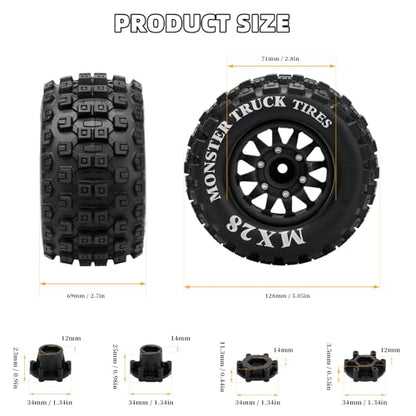 2.8" RC Tires with 12mm/14mm Hex Adapter 1/10 Scale RC Truck Tires RC Wheels and Tires Set for Traxxas Arrma Rustler Stampede 4PCS (Black) - Not Glued - color: Black