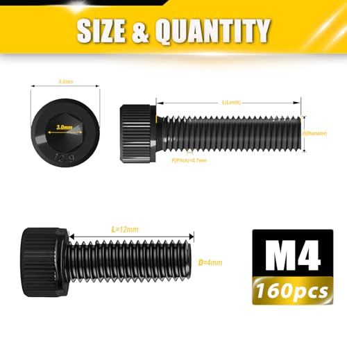 160pcs M4 x 12mm Screws, Hex Socket Head Cap Screws Bolts, 12.9 Grade Alloy Steel, Black Zinc Plated, Allen Socket Drive, Full-Threads,Machine Screws - size: M4*12mm 160pcs