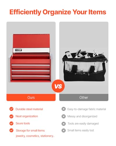 VEVOR Metal Tool Box, 8.6-inch, Portable Metal Tool Box with 3 Drawers, Small Tool Chest with EVA Liners and PP Feet Pads, Heavy-Duty Steel With Ball Bearing Opening and Powder Coated Finish, Red - size: 3 Drawers-Red