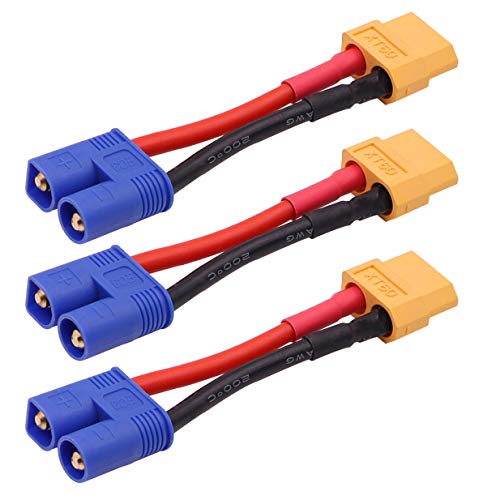 3PCS Male EC3 Plug to Female XT60 Plug Connector Adapter Cable Compatible with RC Car Truck Boat Airplane Lipo Battery ESC Charger(14awg 5cm)